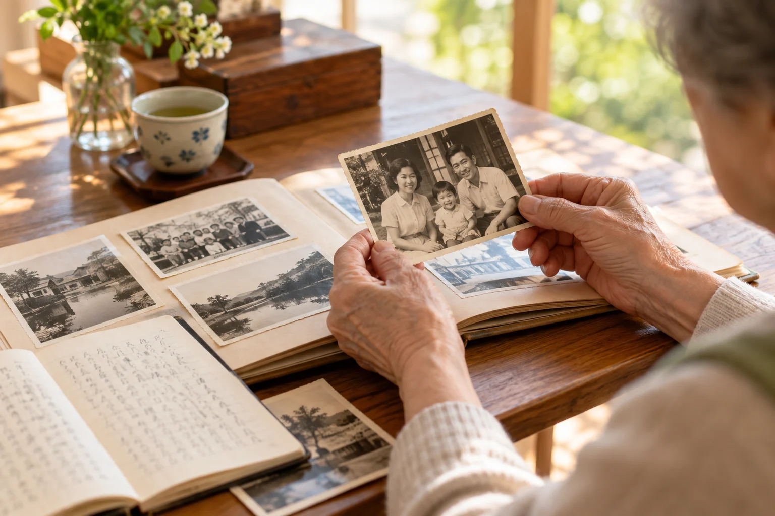 写真と手書きの記録を振り返るイメージ